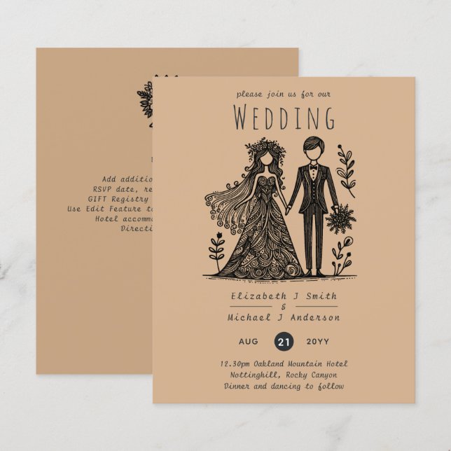 Handritad Bröllopskarikatyr Brud Brudgum Terrakott (Fram/baksida)