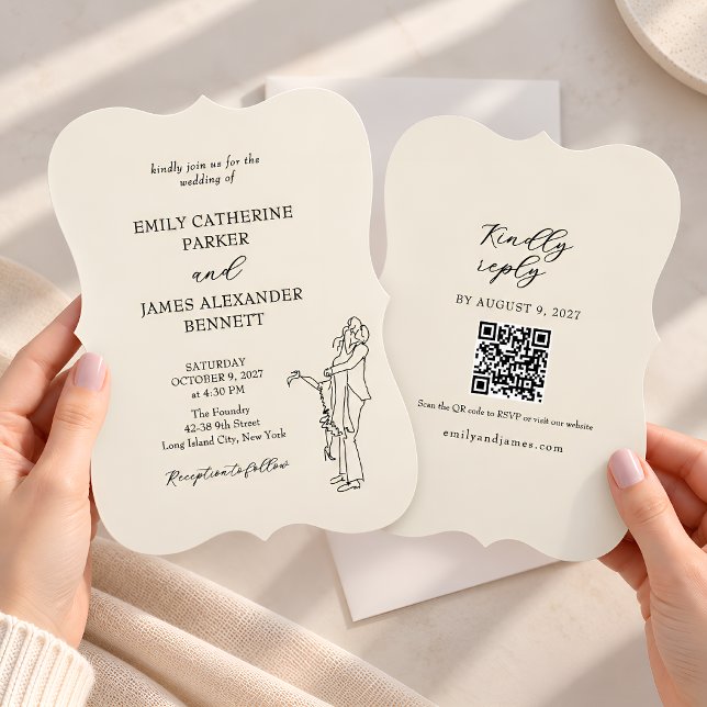 Handritad Bröllopspar Skiss QR Inbjudningar (Skapare uppladdad)