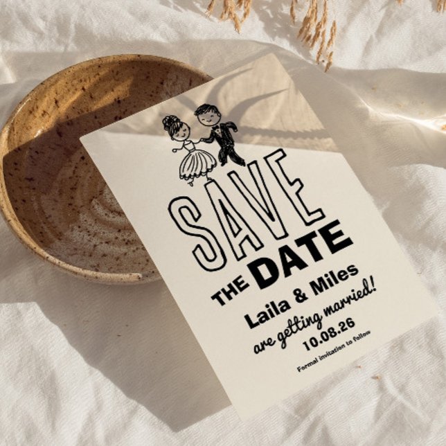 Handritad Brud och Brudgum Bröllop Spara Datum Datumet (whimsical bride and groom dancing save the date invitation)
