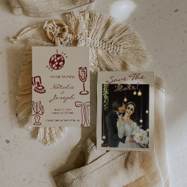 Handritad Burgundy Whimsical Foto Bröllop Spara Datumet