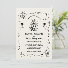Handritad Champagne Cocktail Whimsical Bröllop Inbjudningar