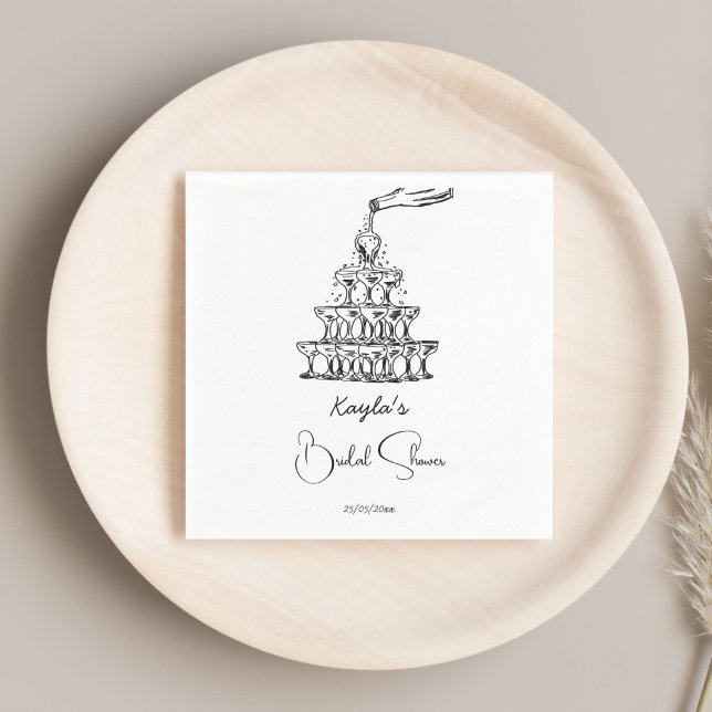 Handritad champagnetorn minimalistisk bröllopsfest pappersservett (Hand drawn champagne tower sketch minimalist black and white bridal shower napkins table decor)
