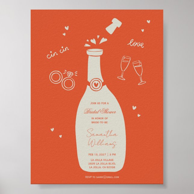 Handritad Champaign Bröllopsdusch Inbjudan  Poster (Framsidan)