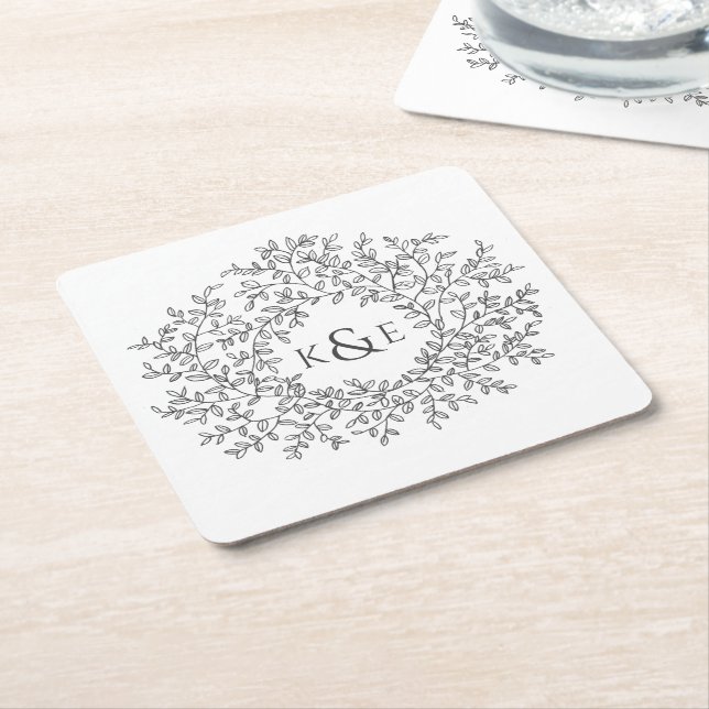 Handritad cirkel av blad monogram bröllop underlägg papper kvadrat (Vinklad)