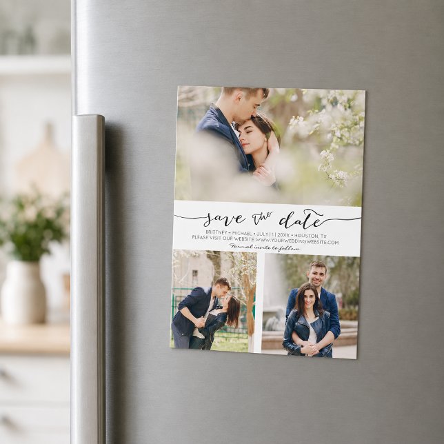 Handritad collage Spara datum Magnet (Pick the best pictures from your engagement shoot or your favorite pictures for this save the date.)