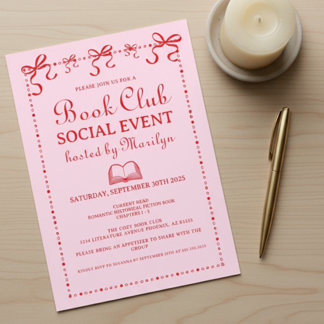 Handritad Coquette Rosa Röd Bokklubb Inbjudan (please remove the background and create a mockup style with this invitation on a light natural wood )