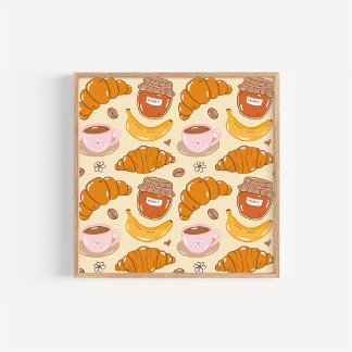 Handritad croissant- och kaffekökskonst poster