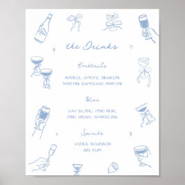 Handritad dammig blå bröllapsbar dryckesmeny poster