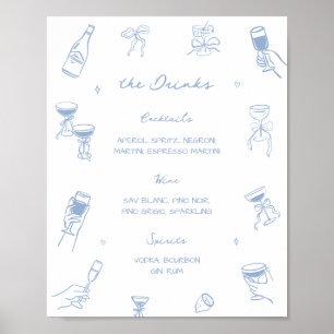 Handritad dammig blå bröllapsbar dryckesmeny poster