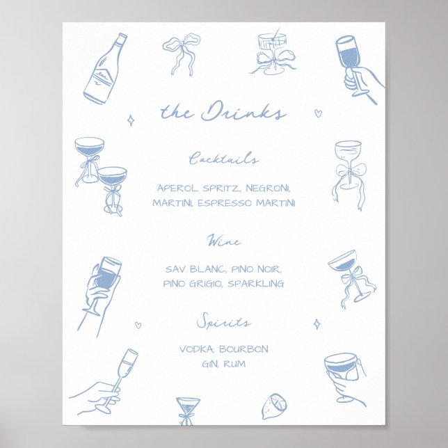 Handritad dammig blå bröllapsbar dryckesmeny poster (Framsidan)
