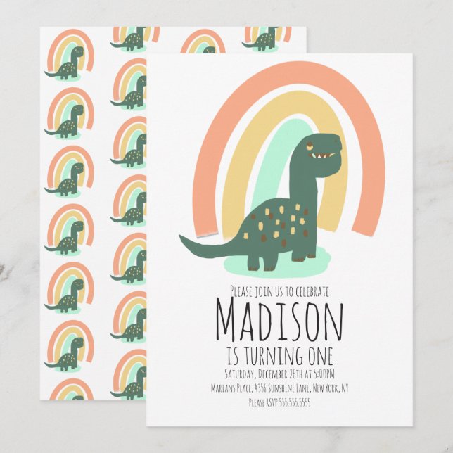 Handritad Dinosaur Regnbåge Födelsedagsfest Boho Inbjudningar (Fram/baksida)
