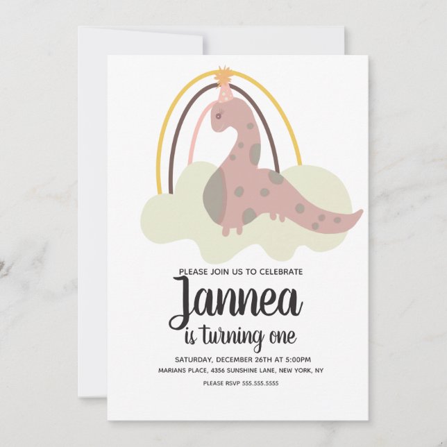 Handritad dinosaurregnbåge födelsedagsfest rosa inbjudningar (Framsida)