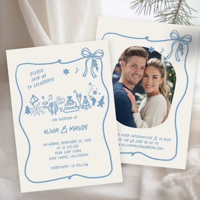 Handritad Doodle Ram Bow Winter Blue QR Bröllop Inbjudningar (winter wedding invitation frozen blue doodle hand drawn illustration bow squiggle whimsical qr photo)