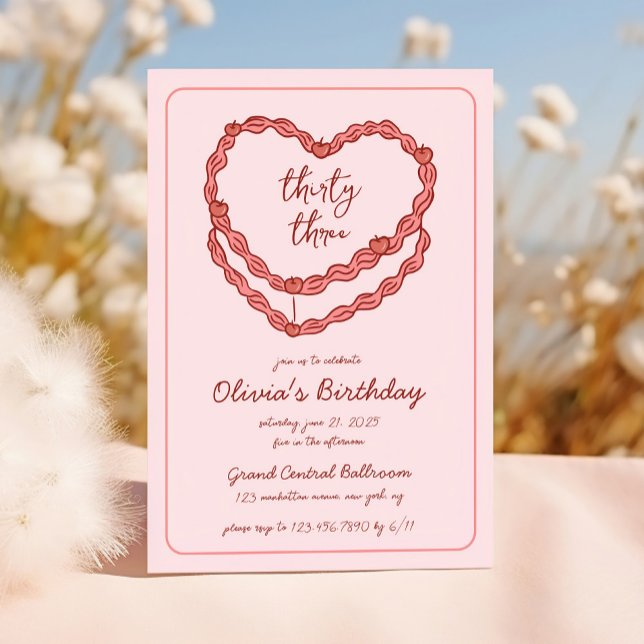 Handritad Doodle Vintage Cake Rosa Red Birthday Inbjudningar (Skapare uppladdad)