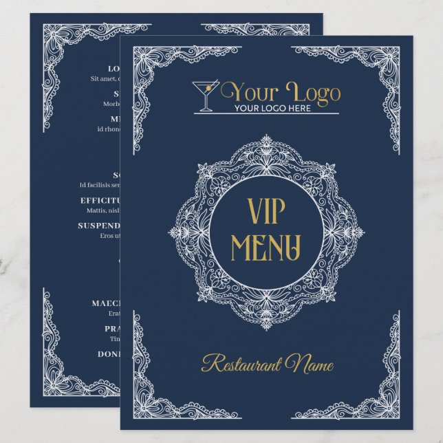 Handritad Elegant Ornamenterad Din Logo VIP Meny (Fram/baksida)