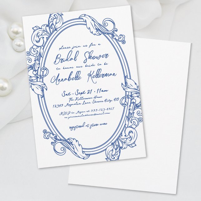 Handritad Elegant Vintage Bröllopsdusch Inbjudningar (Elegant Ornate Vintage Blue Bridal Shower Invitation)