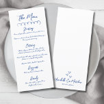 Handritad Enkel Blå Whimsical Bröllop Meny<br><div class="desc">Enkel europeiskt inspirerad blå och vit meny för bröllopsmiddag. Detta minimalistiska bröllopsmenykort håller designen ren och återhållsam, vilket låter den handskrivna stilen lysa igenom. En enkel svirrande linje längst upp tillför en subtil accent, medan resten av framsidan visar menyinformationen i en elegant blandning av skript- och seriffer-skrift, vilket skapar ett...</div>
