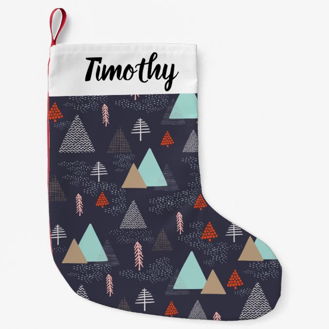 Handritad Evergreen Gräs Träd i Snö i natt Liten Julstrumpa (Framsidan)