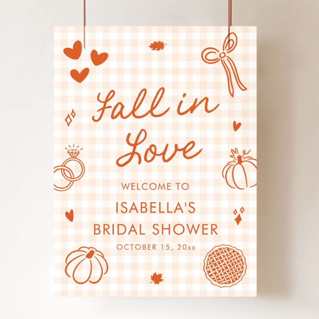 Handritad Fall in Love Bröllopsdusch Välkomstskylt Poster (Hand Drawn Fall in Love Bridal Shower Welcome Sign)
