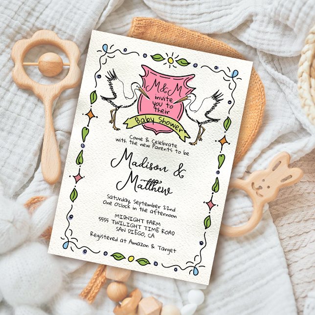 Handritad fantasifull Stork-vapen Baby Shower Inbjudningar (Skapare uppladdad)