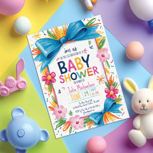 Handritad färgfull Blommigt Bow Gräns Baby Shower Inbjudningar