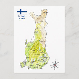 Handritad färgkarta över Finland vykort