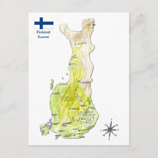 Handritad färgkarta över Finland vykort