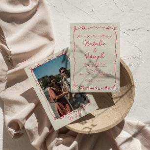 Handritad färgrik retro kul med foto bröllop inbjudningar