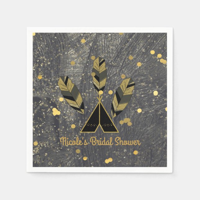 Handritad Fjäder & Tepee Guld Svart Boho Glam Pappersservett (Framsidan)