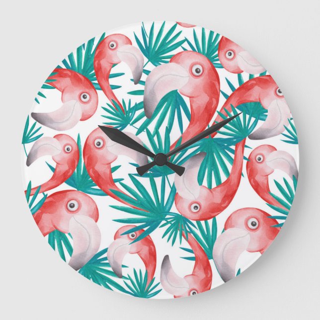 Handritad flamingo: vattenfärgen sömlös mönster. stor klocka (Framsida)