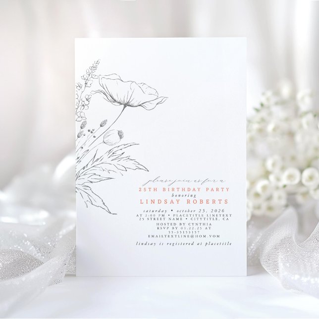 Handritad Födelsedagsfest av Wildblommor Light Pea Inbjudningar (Wildflowers Birthday Invitations)