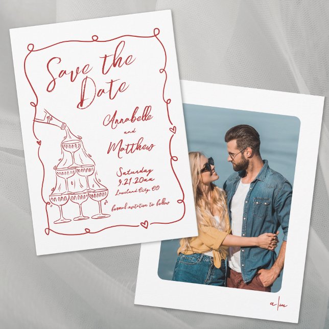 Handritad Foto Whimsical Röd Bröllop Spara Datumet (Hand Drawn Photo Whimsical Red Wedding Save the Date)