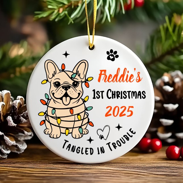 Handritad fransk bulldogg keramisk juldekoration (Hand drawn custom French Bulldog Ceramic Christmas Ornament)