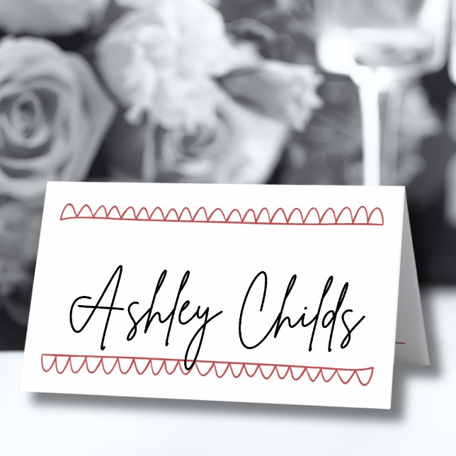 Handritad fransk röd fantasifull bröllop placeringskort (Hand Drawn French Red Whimsical Wedding Place Card)