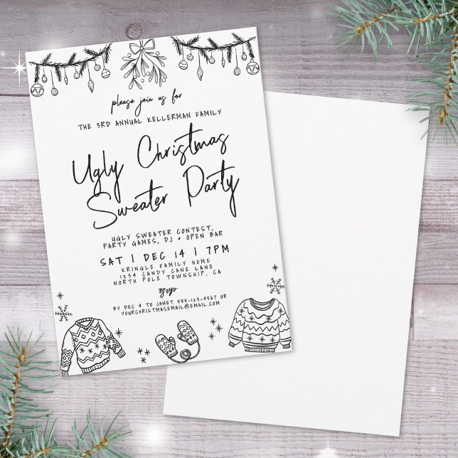 Handritad ful jultröja julfest inbjudningar (Hand Drawn Ugly Sweater Christmas Party Invitation)