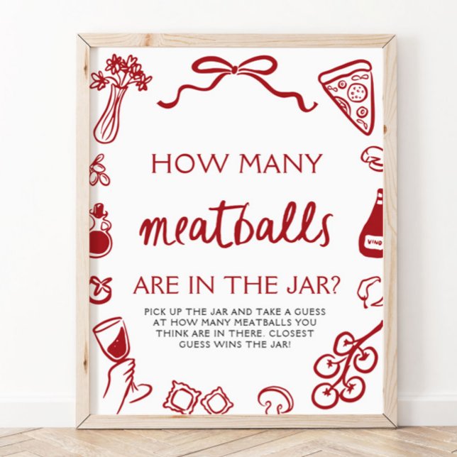 Handritad Gissa Hur Många Köttbullar Bröllopsfest  Poster (Hand Drawn Guess How Many Meatballs Bridal Shower Sign)