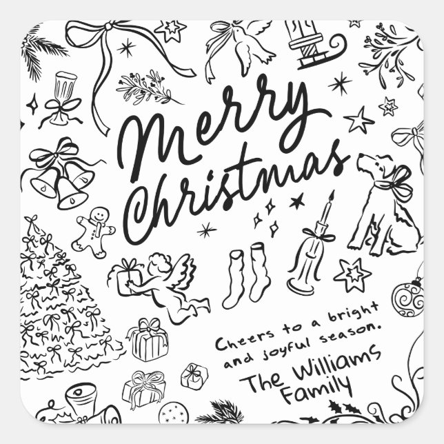 Handritad God Jul  Fyrkantigt Klistermärke (Framsida)