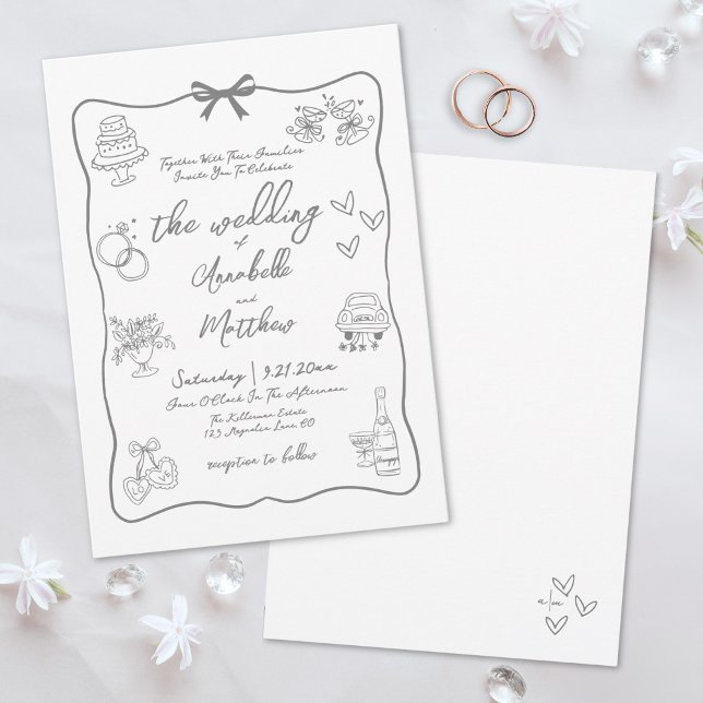 Handritad grå Whimsical Bröllop Inbjudningar (Hand Drawn Gray Whimsical Wedding Invitation)
