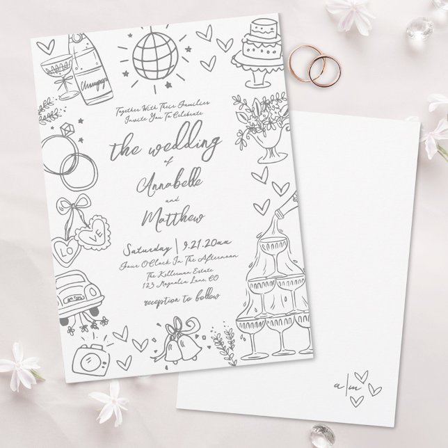 Handritad grå Whimsical bröllopsinbjudan Inbjudningar (Hand Drawn Gray Whimsical Wedding Invitation)