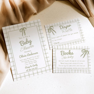 Handritad grön båge Gingham Neutral Baby Shower Inbjudningar