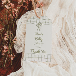 Handritad grön båge Gingham Neutral Baby Shower Presentetikett