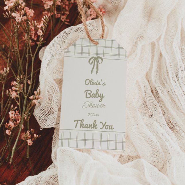 Handritad grön båge Gingham Neutral Baby Shower Presentetikett (Skapare uppladdad)