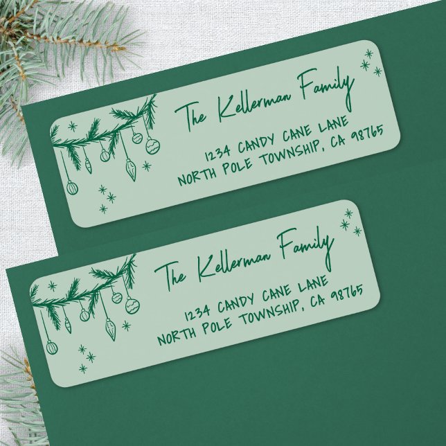 Handritad grön jul returadress etikett (Hand Drawn Green Christmas Return Address label)