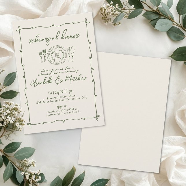 Handritad grön middag inför bröllopet inbjudningar (Hand Drawn Green Wedding Rehearsal Dinner Invitation)