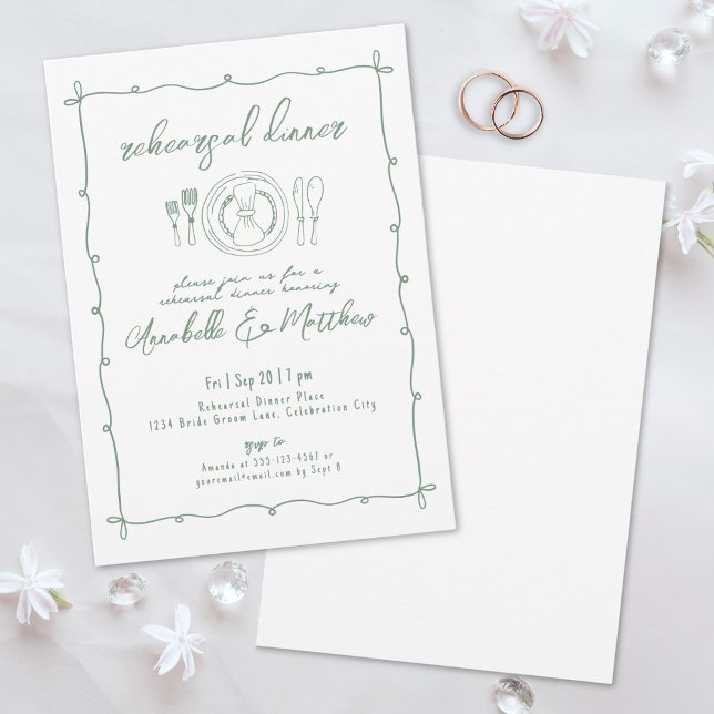 Handritad grön middag inför bröllopet inbjudningar (Hand Drawn Green Wedding Rehearsal Dinner Invitation)