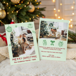 Handritad grön och röd familj jul foto julkort