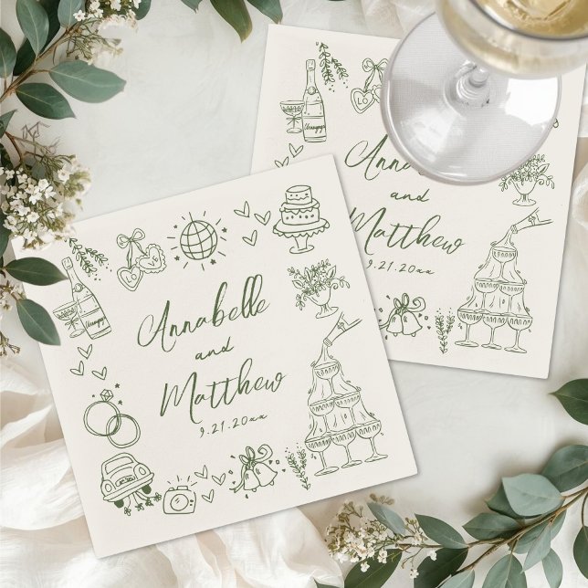 Handritad Grön Retro Bröllop Pappersservett (Hand Drawn Green Retro Wedding Napkins)