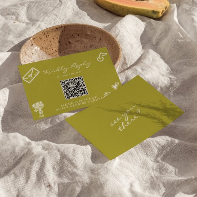 Handritad Grön Romantisk QR-kod Bröllop OSA Kort (Skapare uppladdad)
