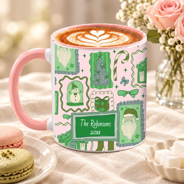 Handritad grön rosa fantasifull juldoodle mugg (Skapare uppladdad)