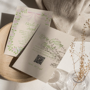 Handritad grön rosa slinga blommig QR-kod bröllop Inbjudningar